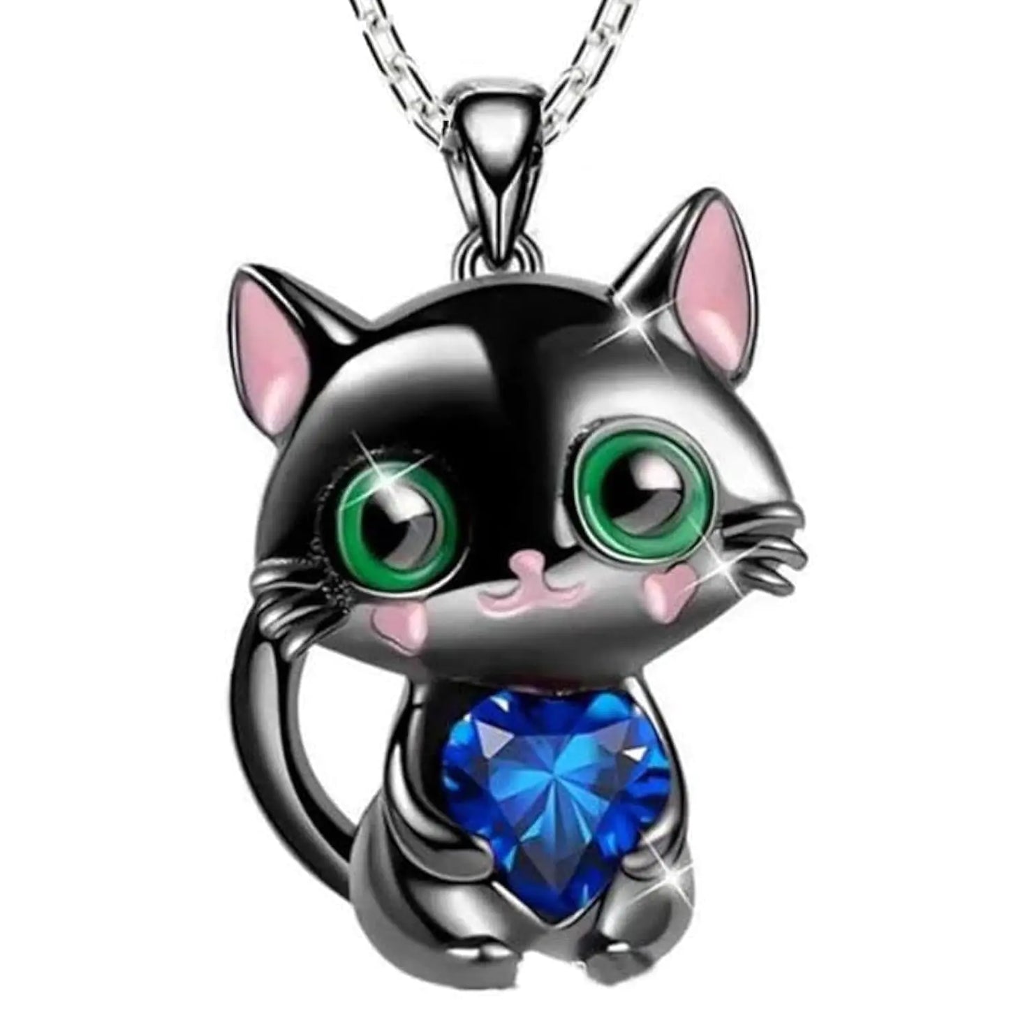 Cat Rhinestone Heart Necklace
