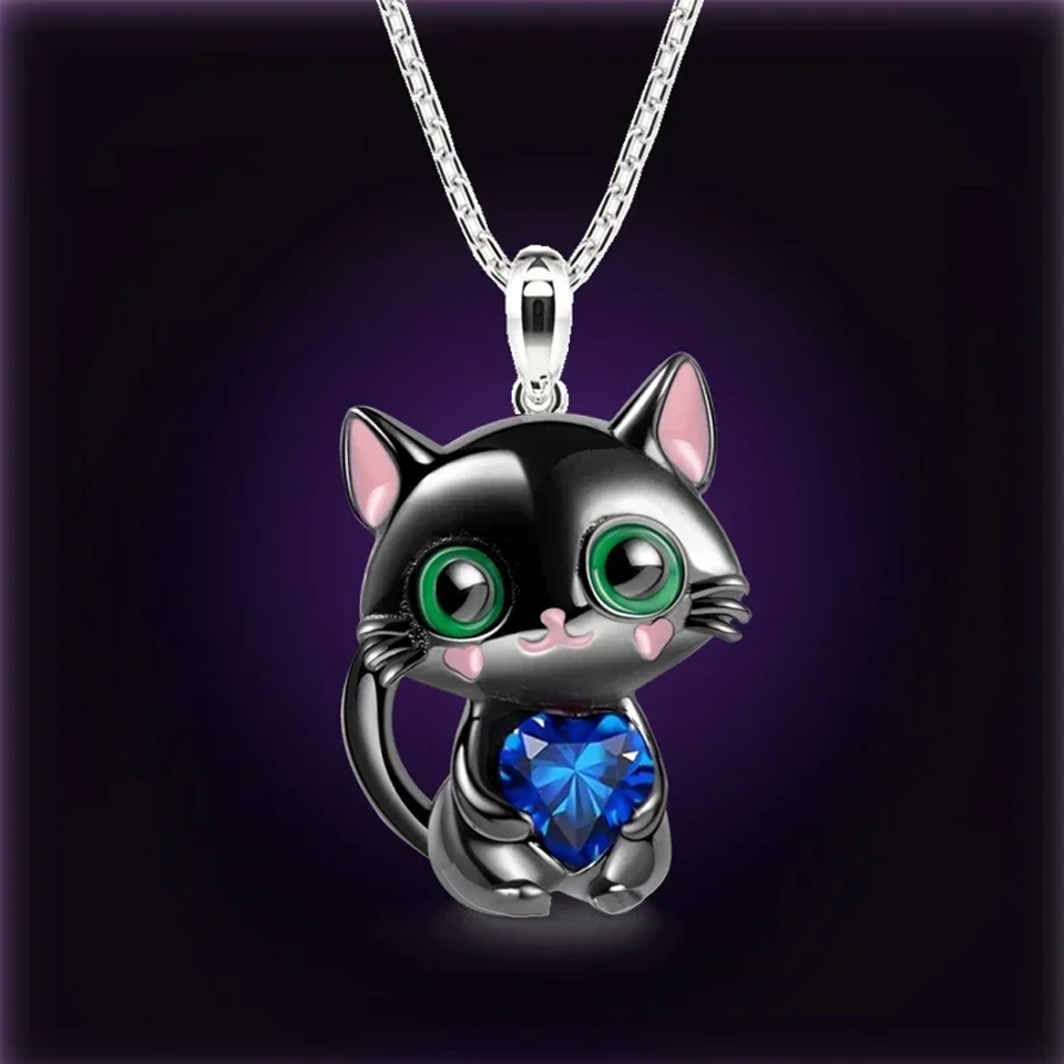 Cat Rhinestone Heart Necklace