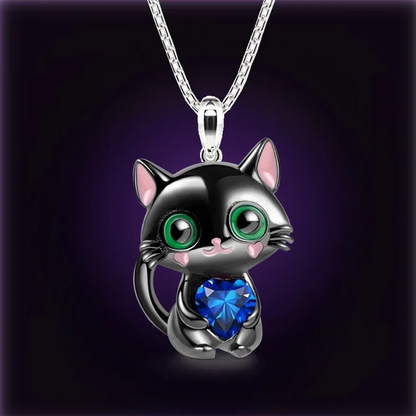 Cat Rhinestone Heart Necklace